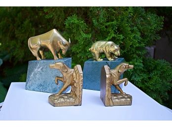Pair Of Wonderful Bronze Bull & Bear On Marble Bookends