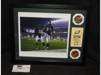 SIGNED 12x15 Framed Philadelphia Eagles Brent Celek Photo And Bronze Medallions With COA