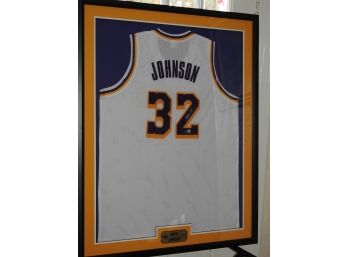 SIGNED 42x34 Framed Los Angeles Lakers Magic Johnson Jersey With COA