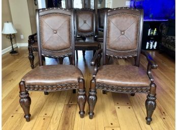 A Set Of 8 Italian Provincial Carved Wood And Leather Dining Chairs - 2 With Arms