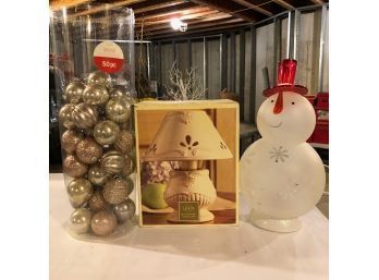 Holiday Decor - Silver And Gold Balls, A Lenox Candle And A Snowman