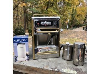 A LAVAZZA One-Cup Espresso Beverage System, Chrome/Gold Stainless Steel  Retail $2,200