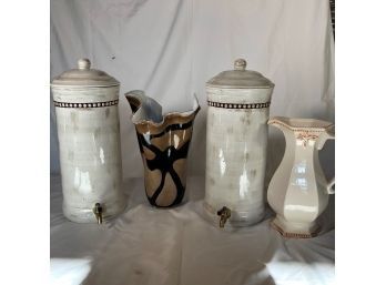 2 Ceramic Coffee Dispensers, A Glass Vase And A Pitcher