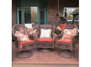 3 Swivel Outdoor All Weather Wicker Chairs, One Oversized