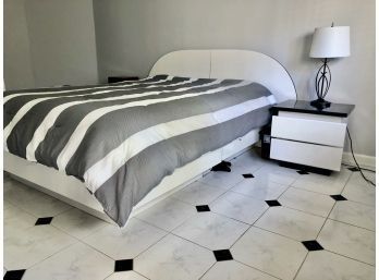 A Formica Platform Bed And 2 Bedside Tables - White With Black Trim