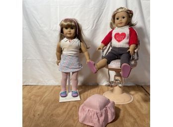 2 American Girl Dolls, Beauty Salon Chair And A Pink Tuffett