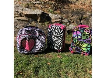 3 Rolling Suitcases - Bright Pink And Zebra