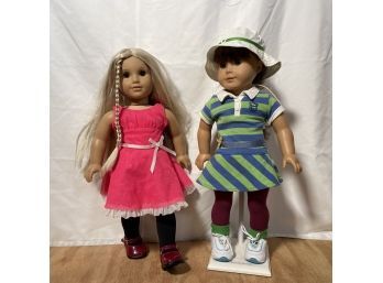 2 American Girl Dolls In Pink And Green