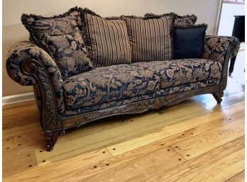 European Traditional Carved Rolled Arm Sofa With Contemporary Damask Upholstery 2/2