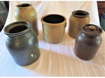 5 Pieces Of Antique Stoneware Crocks Norton