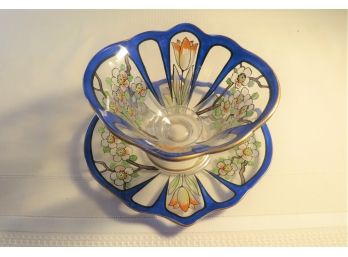 Art Nouveau Style 2 Piece Condiment Bowl Set Painted Glass