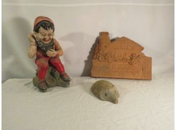 Garden Cement Gnome With Hedgehog And Sign