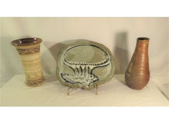 Mid-century Studio Pottery Pieces Vases And Wall Plaque