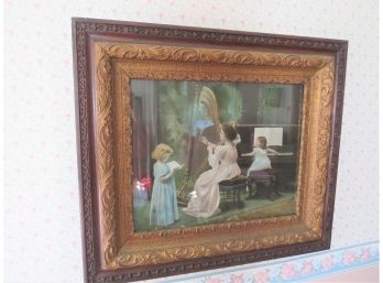 Antique Victorian Framed Color Lithograph Woman Playing Harp