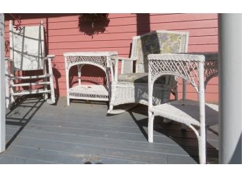 4 Piece White Wicker  & Patio Tables And Rockers