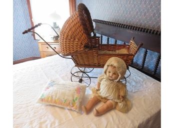 Antique Wicker Baby Buggy With Pillow And  Doll