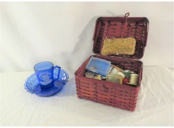 Shirley Temple Blue Glass Set With Sewing Basket