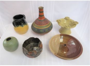 5 Studio Pottery Lot Vases Bowls Candleholders Some Signed 2 Of 2