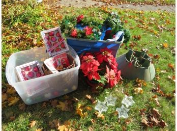 Vintage Christmas Ornaments Wreaths In Bins