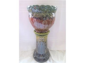 Vintage Glazed Pottery Majolica 2 Piece Pedestal Jardiniere Planter