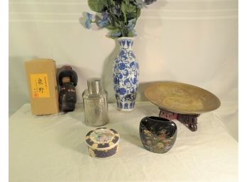 Mixed Asian Lot Wood Kokeshi Doll In Box Brass Bowl