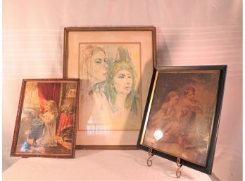 Antique Victorian Lithographs And Original Signed Artwork Two Women