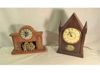 2 Mantle Clocks Gothic Spire Mt. Vernon Painted Glass And United Fireplace Clock