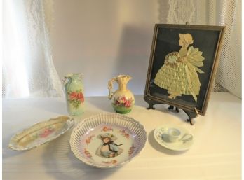 6 Hand Painted Floral Porcelain China With Ribbon Paper Doll Picture