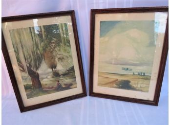 Pair Of Antique Al Wettel Color Framed Lithographs