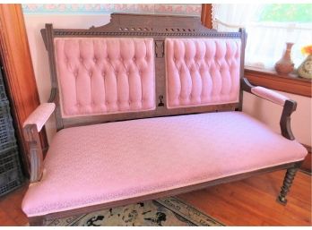 Antique Eastlake Victorian Walnut Settee With Pink Cushions