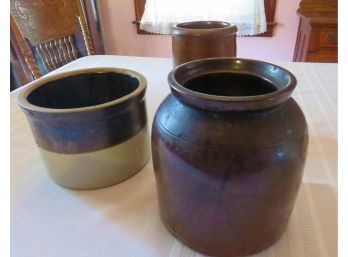 3 Antique Stoneware Pottery Crocks And Vase