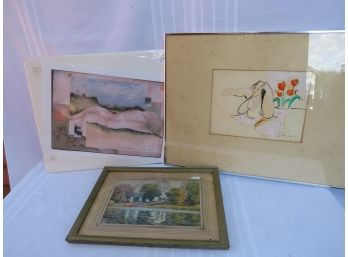 3 Signed Works Of Original Art Watercolor Mixed Media