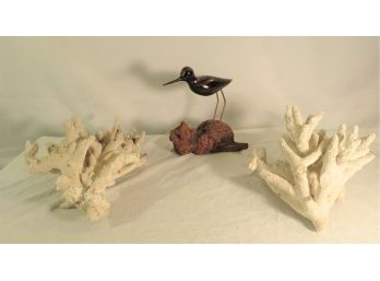 2 Pieces Of Branched Coral And Carved Wood Shore Bird