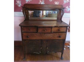 Antique Victorian Sideboard Buffet Oval Mirror