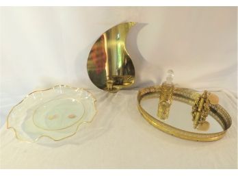 Hollywood Regency Gold Foligree Vanity Set  Glass Platter