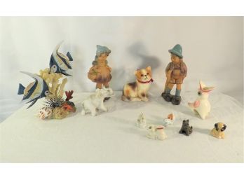 Chalkware Boy And Girl With Birds, Fish And Animal Friends