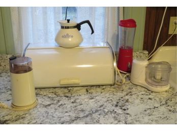 Assorted Kitchen Appliances, Bread Box, Corning Tea Pot