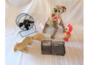 Menagerie With Antique Mouse Wheel And Stitched Stuffed Animals