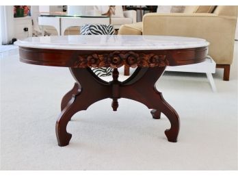 Vintage Victorian Wood Coffee Table With Marble Top
