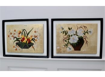 Set Of Two Gold Leaf Hand Painted Floral Design Pictures
