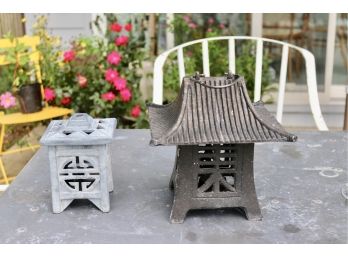 Set Of Two Cast Iron And Ceramic Lantern Candleholders