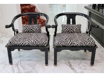 Set Of Two Ebonized Chairs With Zebra Cushions And Pillows