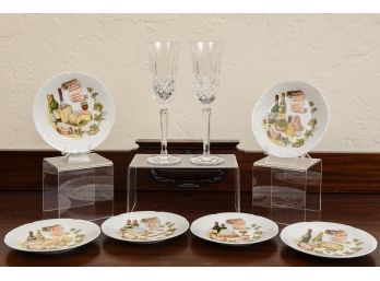 Pair Of Waterford Kelsey Crystal Champagne Glasses And Six Limoges Porcelain Cheese Plates