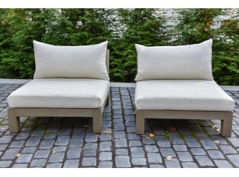 Pair Of Restoration Hardware Merida Solid Teak Lounge Chairs And Cushions (RETAIL $7,580)