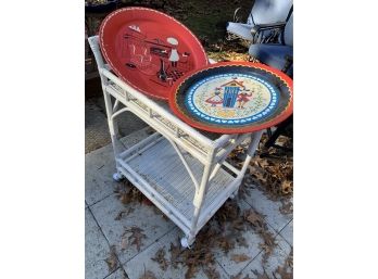 Wicker Bar Cart With Two Vintage Trays