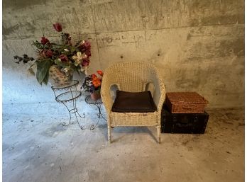 WICKER CHAIR, BOX METAL STANDS, AND JARDINIER