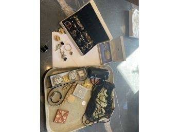 LOT OF VINTAGE BELTS, EARRINGS, BUCKLES, GODINGER POWDER CASE, ETC.