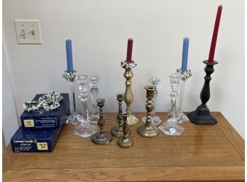 BRASS AND GLASS CANDLESTICK LOT