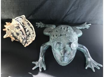 Metal Frog And Decorative Painted Conch Shell