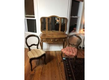 Antique Claw Foot Dressing Vanity With Mirror And Two Chairs